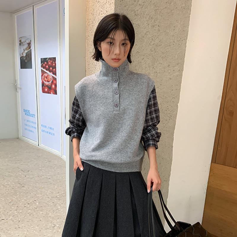 MOXI 十三行女装2025冬季新款韩系假两件马甲女格子针织衫上衣女
