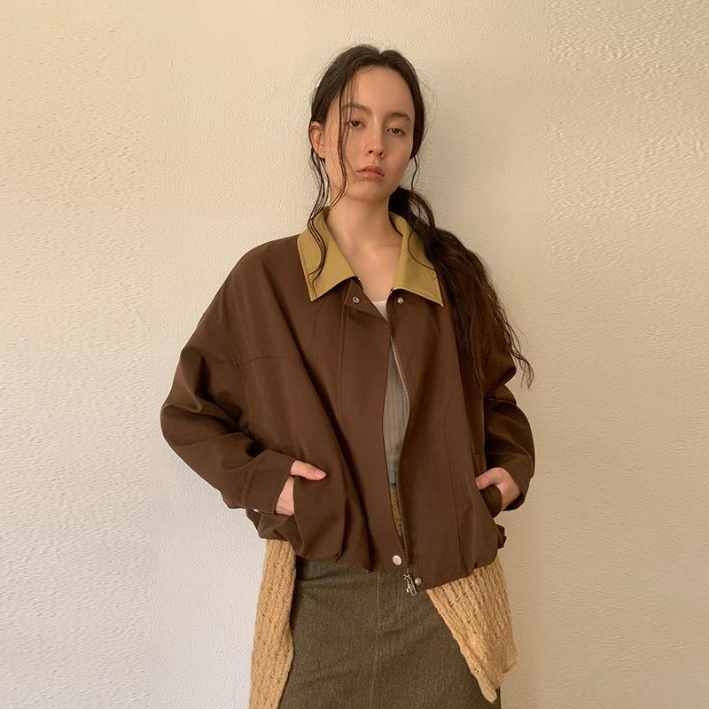 HYMOXI十三行女装2025年秋季新款韩系撞色翻领短款抽绳外套上衣女