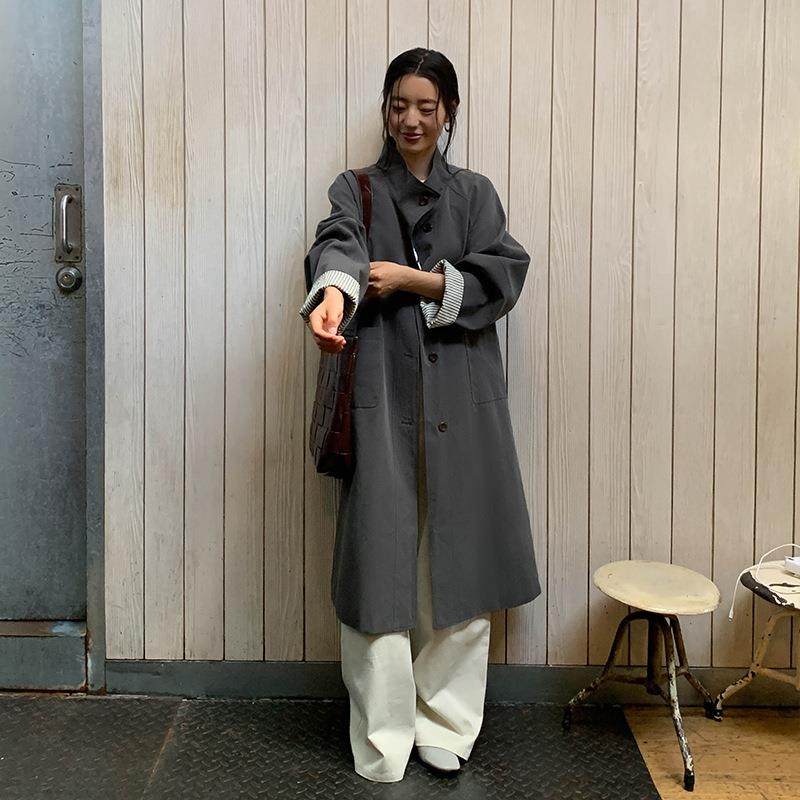 MOXI十三行女装2025年秋季新款韩版立领撞条长款风衣外套宽松大衣