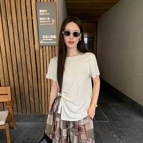 MOXI 十三行女装2026韩版不规则系带短袖T恤女开叉收腰白色上衣