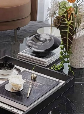 现代轻奢样板间斑点马毛托盘客厅茶几香薰摆件几何花瓶大理石花器