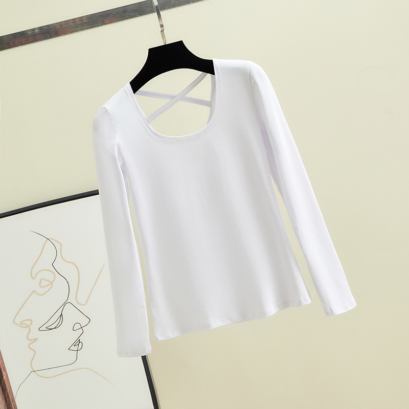2025秋装新款韩版纯色U领露背交叉性感纯棉长袖t恤女装上衣打底衫
