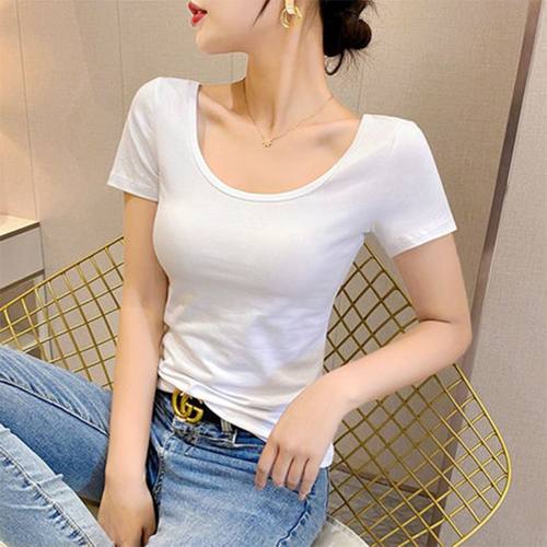 白色t恤女短袖u领2025年夏季新款低领薄款紧身上衣纯棉修身打底衫