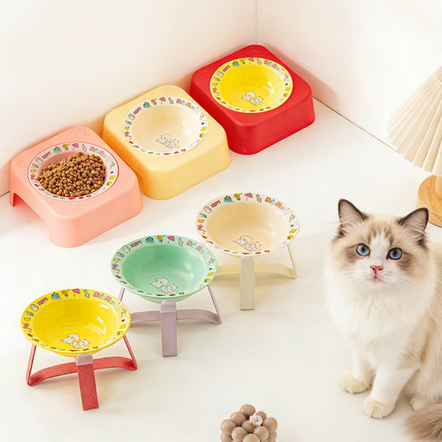 BD飞碟猫陶瓷宠物碗高脚猫碗喝水斜口碗猫咪护颈椎饭碗涂鸦猫碗