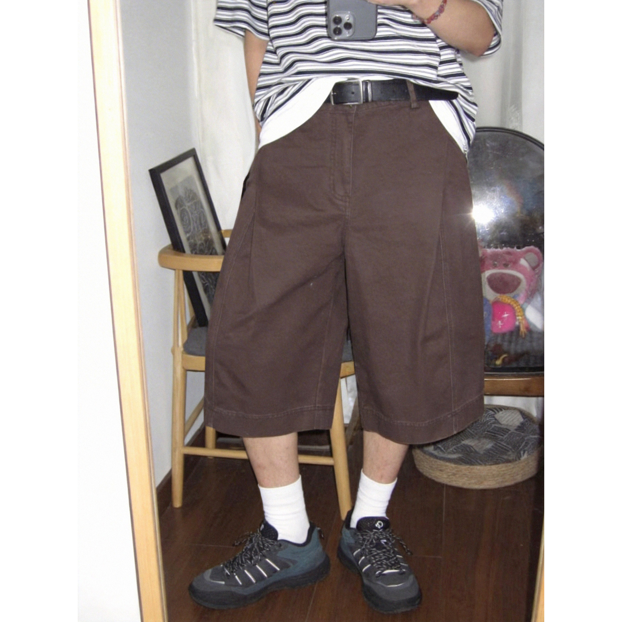 美式复古阔腿七分裤男女松紧腰宽松休闲五分直筒阔腿夏季六分裤子