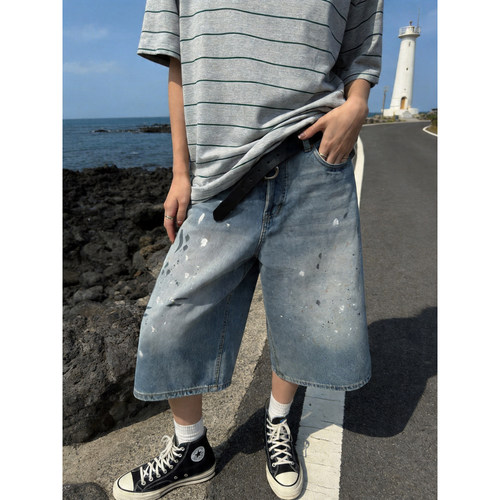 夏季高街泼墨七分直筒牛仔裤