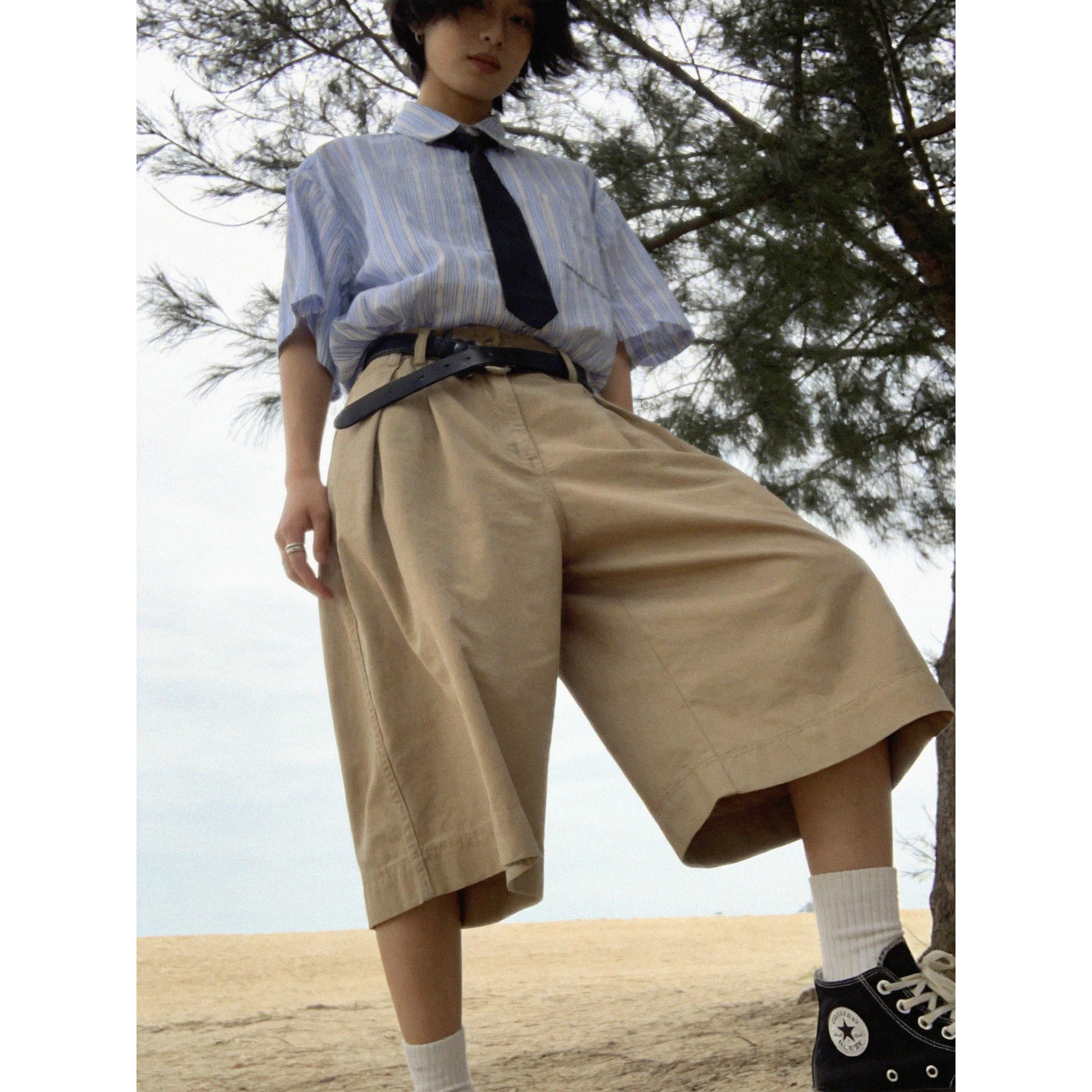 卡其七分裤夏季阔腿百搭五分街头嘻哈直筒男女大版宽松纯色六分裤