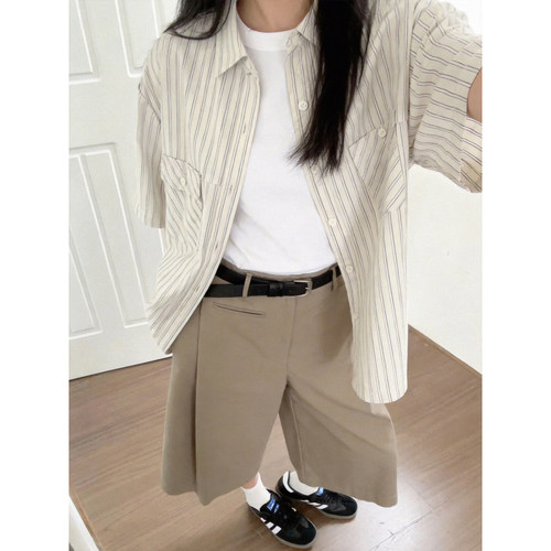 日系复古条纹宽松短袖衬衫