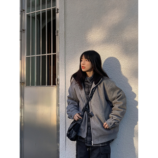 美式 呢子派克服加厚保暖棉服夹克宽松百搭外套潮 复古立领棉衣冬季