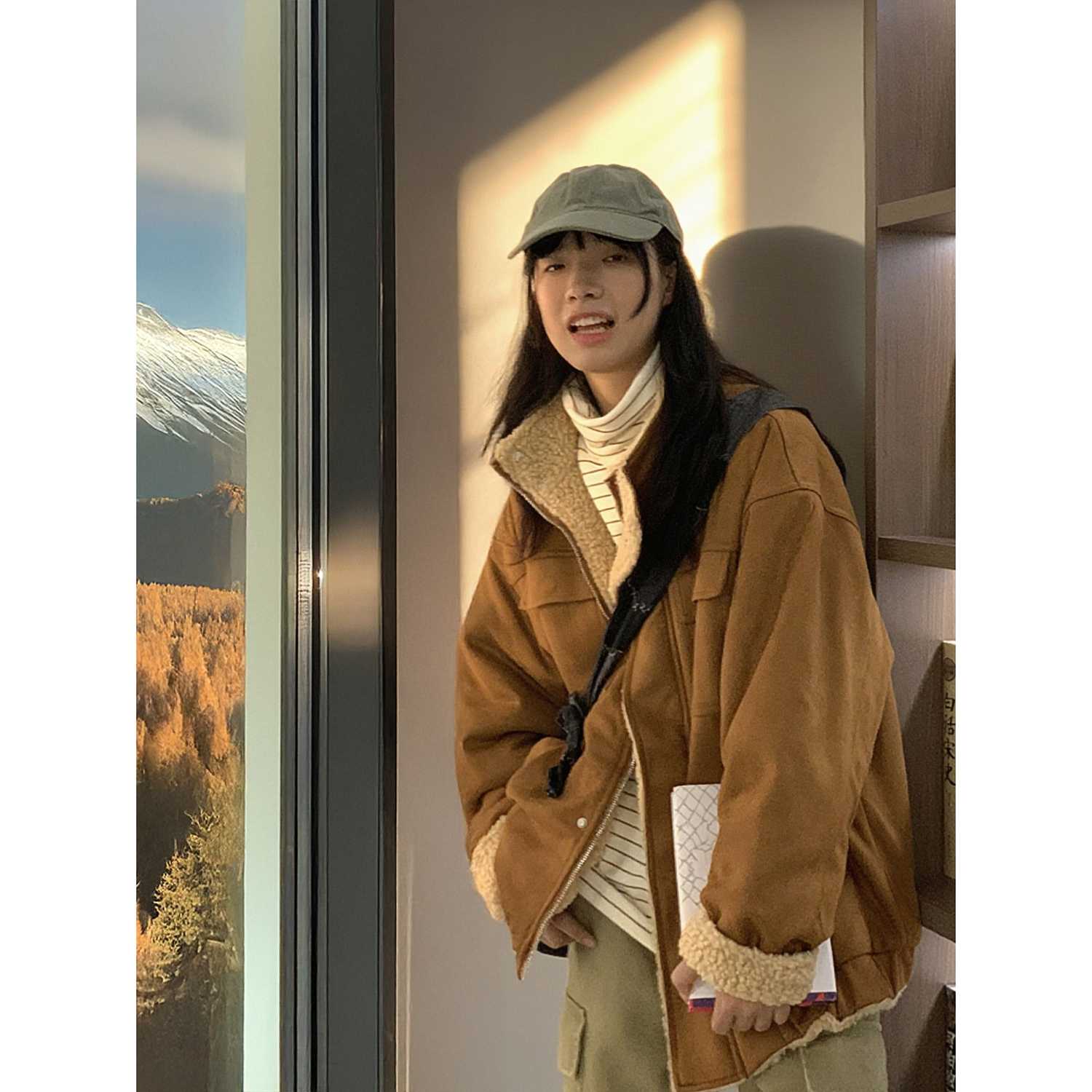 美式复古麂皮绒羊羔毛外套