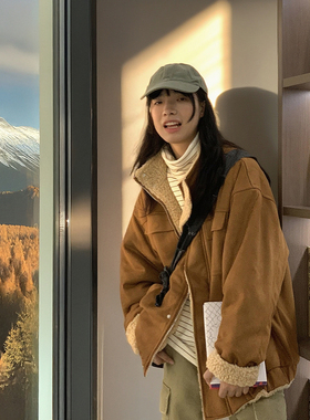 美式复古麂皮绒羊羔毛外套男女工装冬季新款高级感加绒加厚棉衣潮