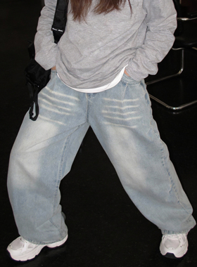 复古水洗蓝牛仔裤宽松百搭四季休闲阔腿潮牌泛白做旧直筒长裤子潮