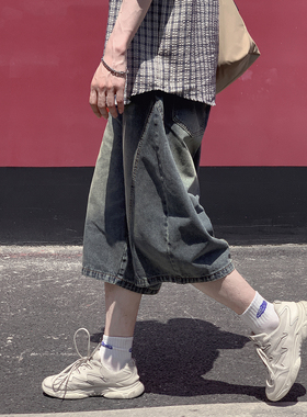 牛仔七分裤2025夏季宽松百搭boyish美式复古原宿风ins休闲八分裤