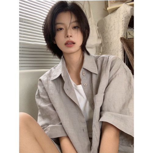 亚麻宽松短袖纯色百搭衬衫