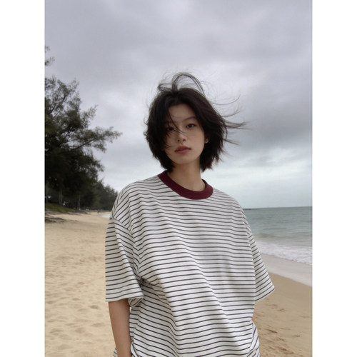 夏季短袖美式复古条纹宽松T恤