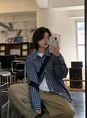 2026春季长袖格子衬衫美式复古宽松男女学院风知识分子蓝色衬衣潮