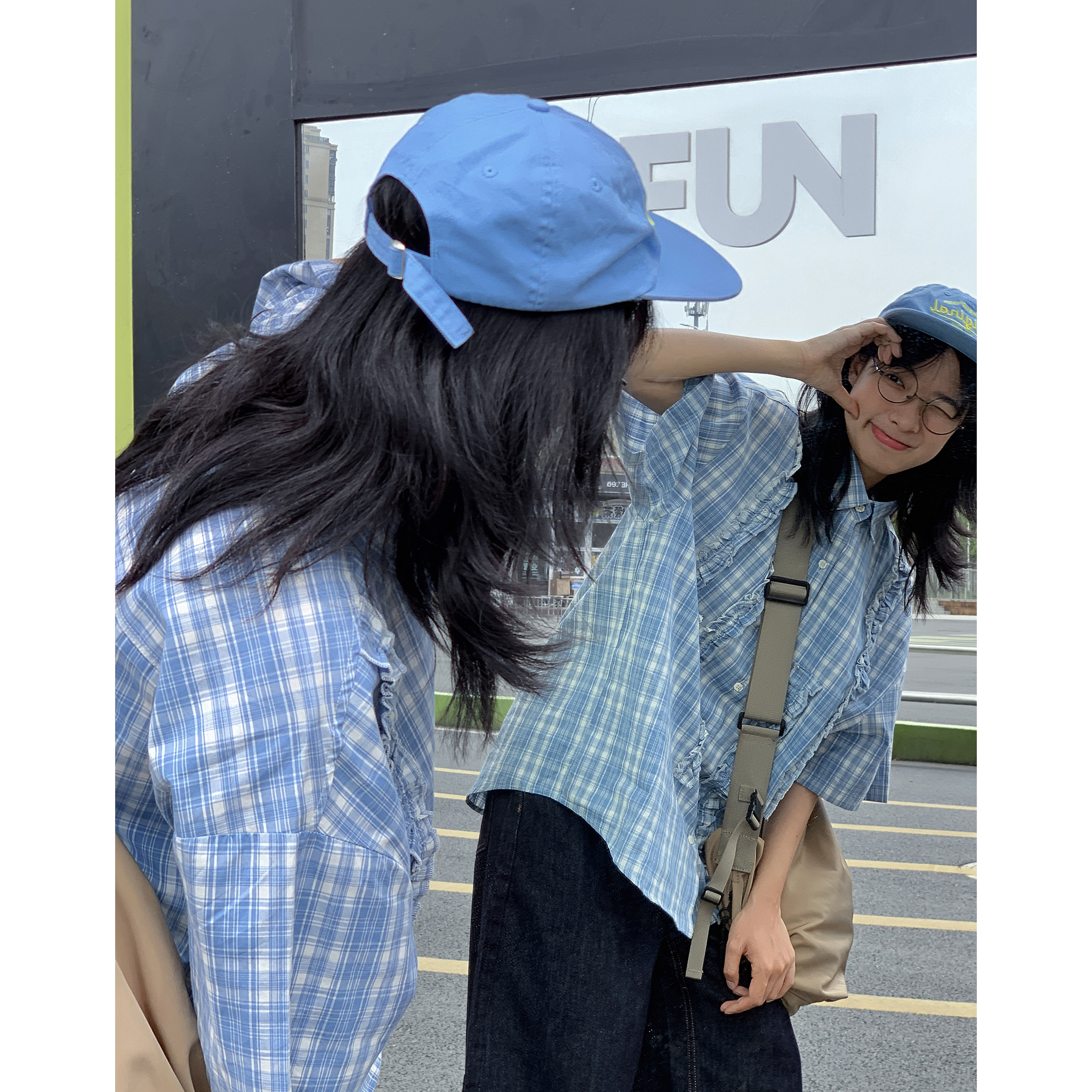 蓝白格子衬衫2025夏季宽松百搭