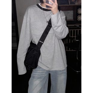 2026春季 T恤宽松圆领撞色松弛感休闲复古套头卫衣潮 简约灰色长袖