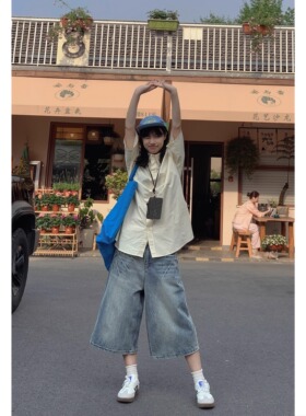 美式复古闪电纹牛仔七分裤2025夏季宽松直筒休闲男女五分裤子
