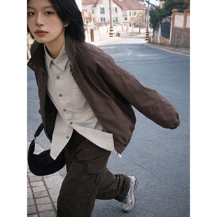 中性休闲风立领夹克男女春季宽松简约复古百搭小个子机车开衫外套