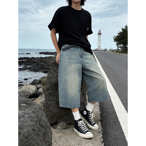 夏季浅蓝牛仔七分直筒宽松男女