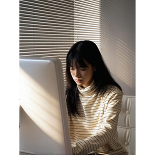 条纹长袖 T恤男女内搭慵懒风秋衣百搭保暖弹力舒适高领加厚打底衫