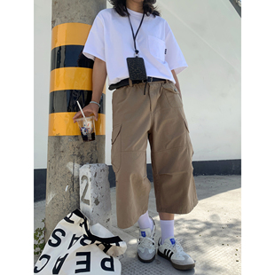 卡其色工装大口袋七分裤2025夏季美式复古宽松直筒高街六分短裤子