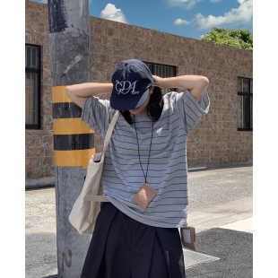 复古半袖 纯棉宽松百搭休闲ins美式 上衣潮 T恤2025夏季 灰色条纹短袖