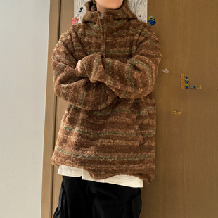 港风羊羔毛连帽衫外套秋冬无性别针织衫美式潮牌毛衣条纹复古卫衣