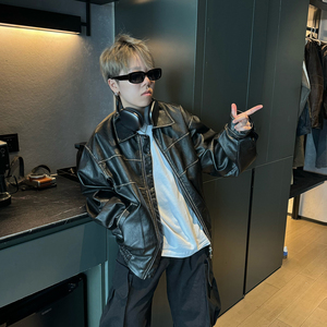 春秋季港风机车皮衣外套男宽松双拉链头设计复古美式潮牌皮夹克男