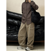 复古工装 裤 多口袋直筒男女宽松伞兵阔腿裤 美式 卡其色休闲长裤 子潮