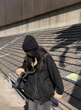 麂皮绒黑色棉衣冬季加厚羊羔绒美拉德风宽松保暖棉服美式工装外套