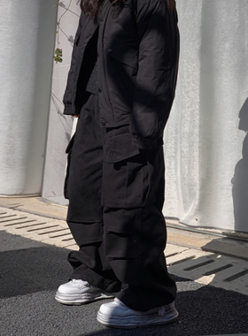 工装宽松休闲裤男女美式高街潮牌中性多口袋束脚裤黑色休闲长裤子