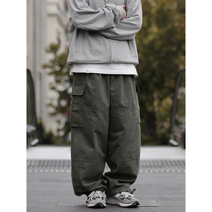 男抽绳纯棉长裤 美式 裤 大口袋工装 潮 复古春秋机能风宽松阔腿休闲裤