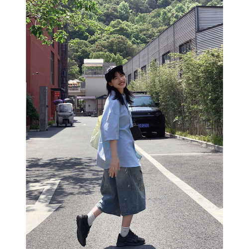 蓝色条纹短袖衬衫2025夏季宽松百搭休闲简约男女ins上衣半袖衬衣