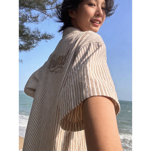 高街背后刺绣条纹短袖衬衫男女