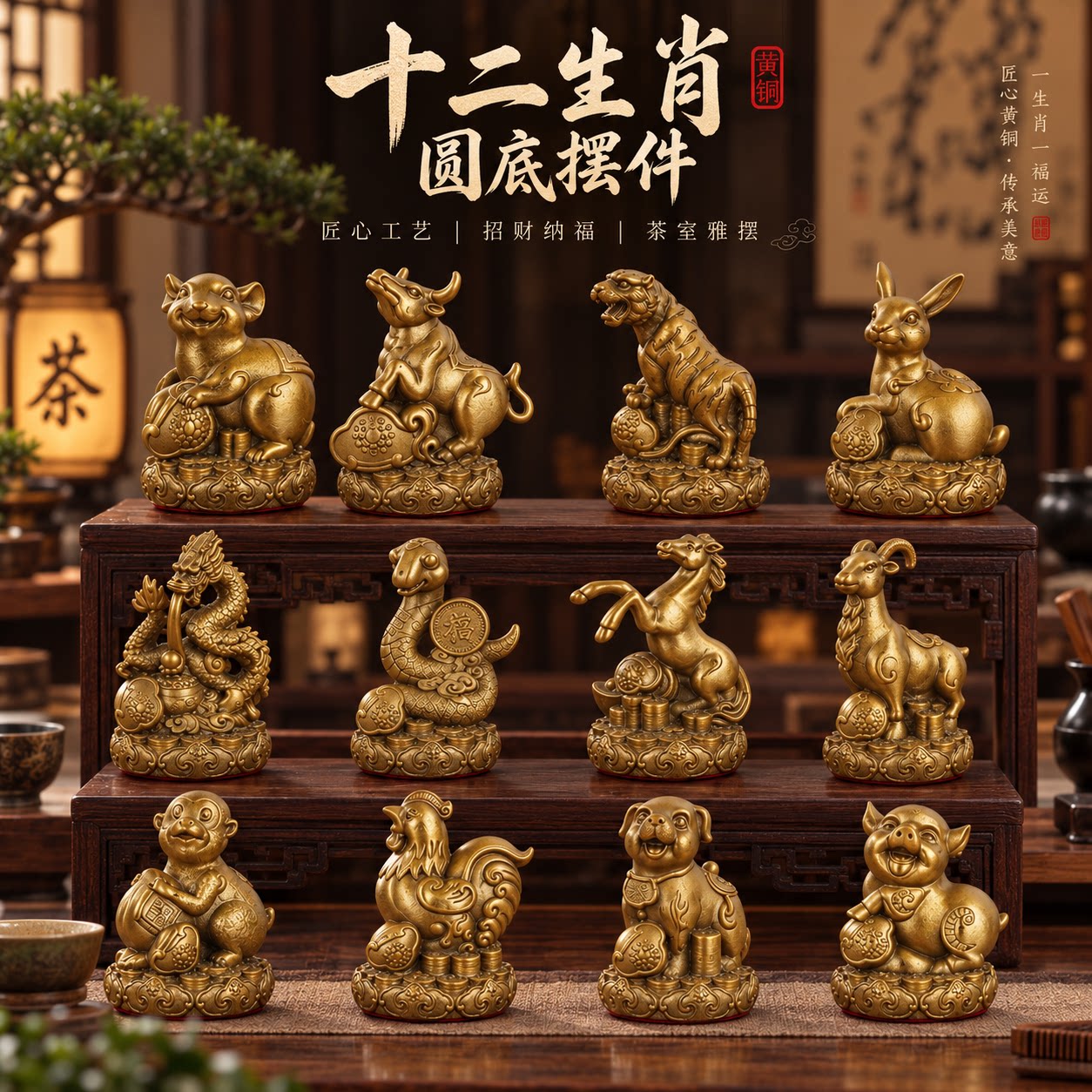 纯黄铜十二生肖摆件牛虎兔龙蛇马羊猴鸡狗猪吉祥物客厅办公工艺品