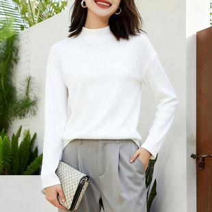 胖妹妹极简风条纹半高领针织衫女白色长袖打底衫基础款纯色条纹衫