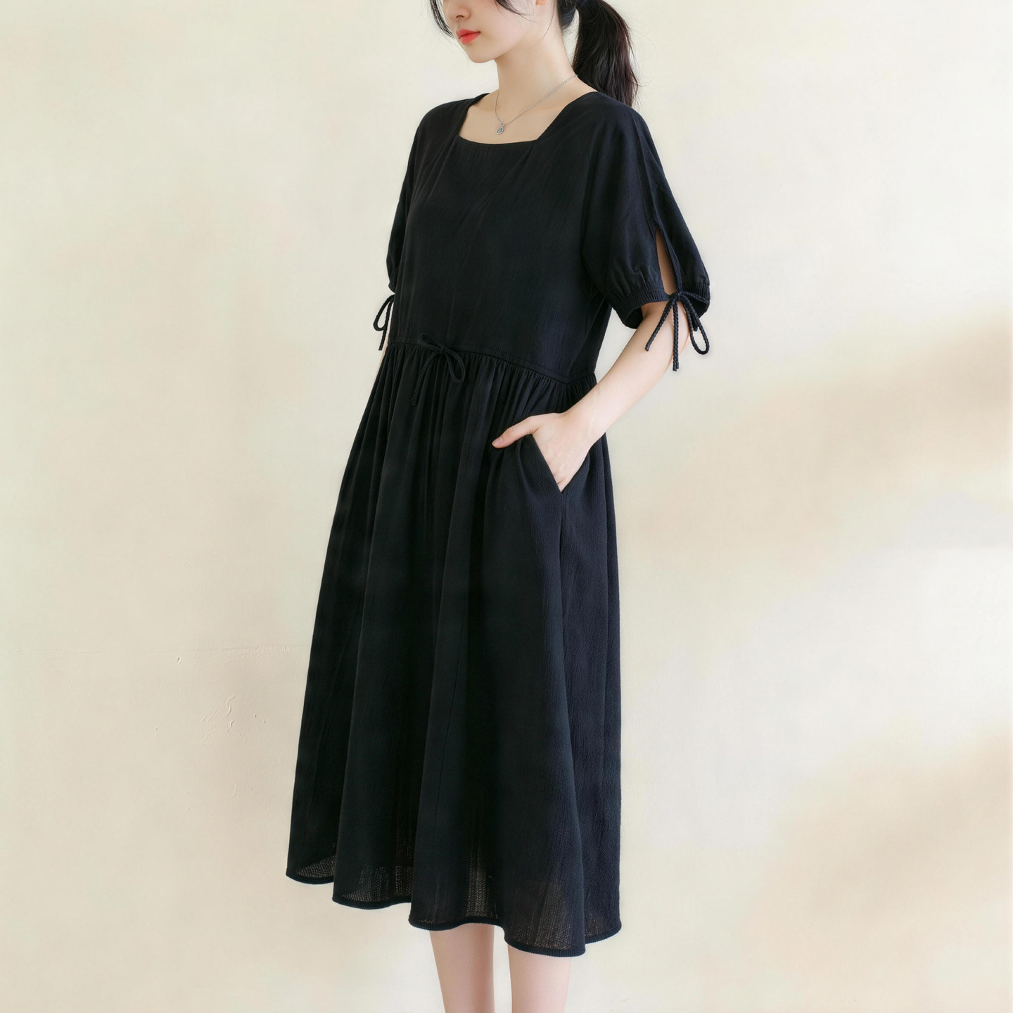 胖妹妹全棉文艺复古黑色连衣裙女夏大码宽松显瘦中长款抽绳裙子