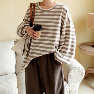 新品 宽松显瘦圆领棉质打底衫 韩式 女长袖 休闲条纹针织衫 胖妹妹秋季