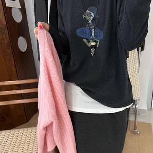 上衣潮 显瘦圆领百搭卡通印花打底衫 one磨毛长袖 T恤女2025秋冬韩版