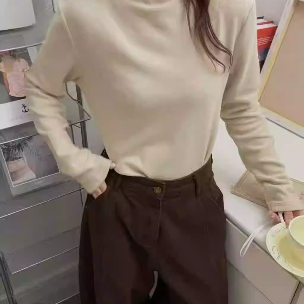 YHS德绒打底衫女2025冬款韩版显瘦半高领磨毛加绒长袖T恤百搭上衣