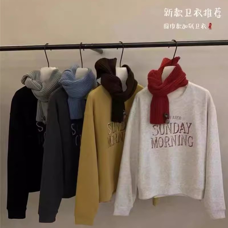 韩国idsisters配围巾卫衣女冬款加绒加厚短款小个子套头上衣外套