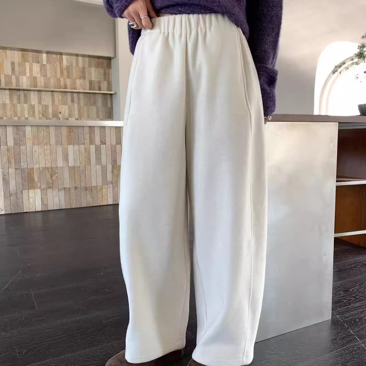 ECHOES OF LOVE9983冬款加绒高腰松紧小个子九分休闲直筒裤羊毛裤