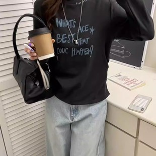 YHS磨毛小版打底衫女冬韩版宽松显瘦字母印花褶皱设计感长袖T恤潮