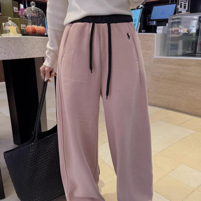 粉色卫裤左维zuowooon加绒加厚直筒阔腿裤弯刀休闲裤小马刺绣8563