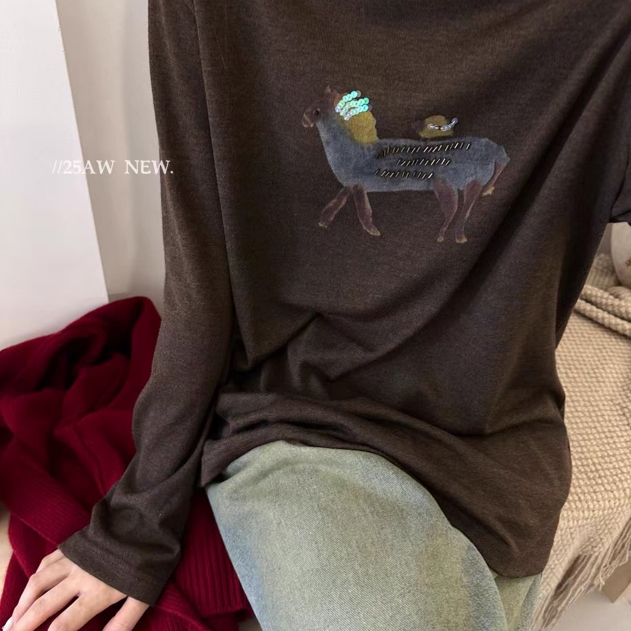 one长袖T恤女2025秋冬10%羊毛卡通小马重工宽松打底衫休闲上衣潮