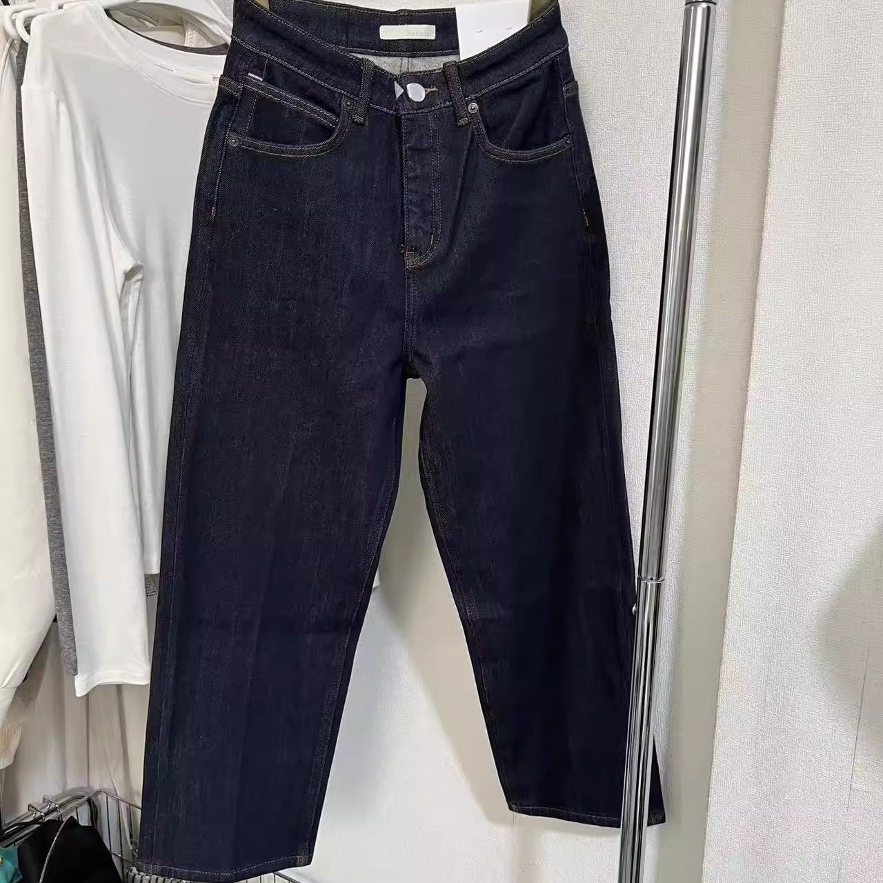 韩国85510A加绒牛仔裤女冬时尚四面弹力抓绒直筒烟管裤九分蛋卷裤