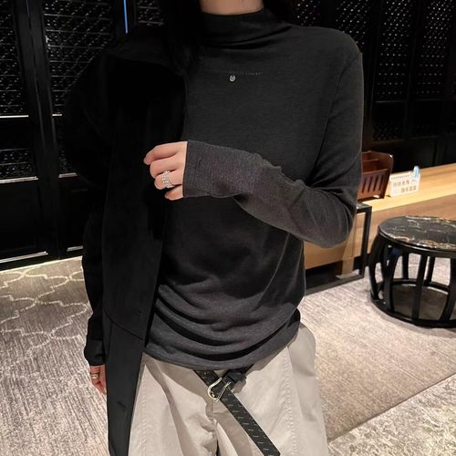 WT半高领加绒打底衫女冬款韩版显瘦高领前面字母扣子长袖羊毛上衣