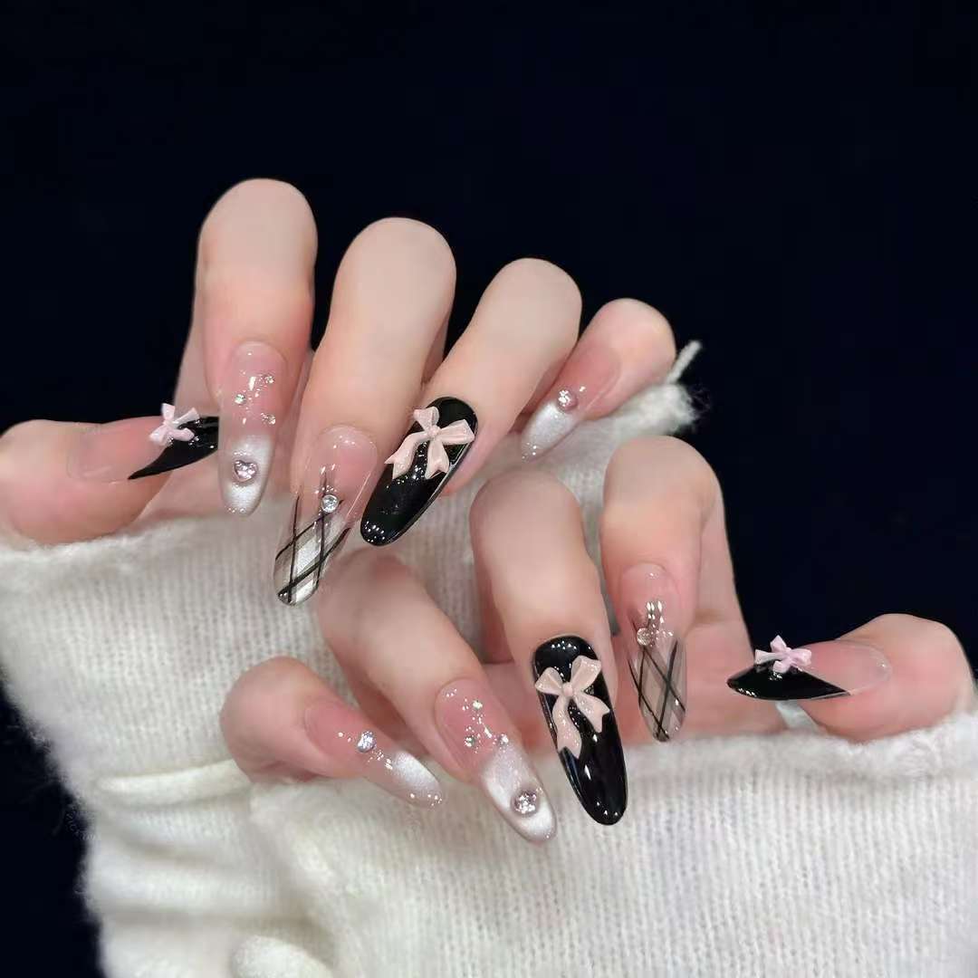 【黑法式格纹】辣妹款法式酷帅穿戴甲立体蝴蝶结美甲